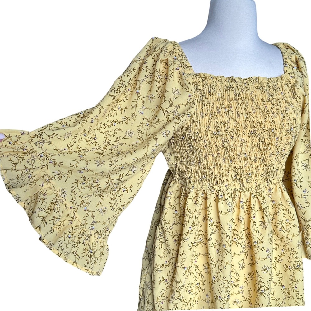 Hayden LA Peplum Smocked Square Neck Top 3/4 Flutter Sleeve Cottagecore Milkmaid - Picture 4 of 8